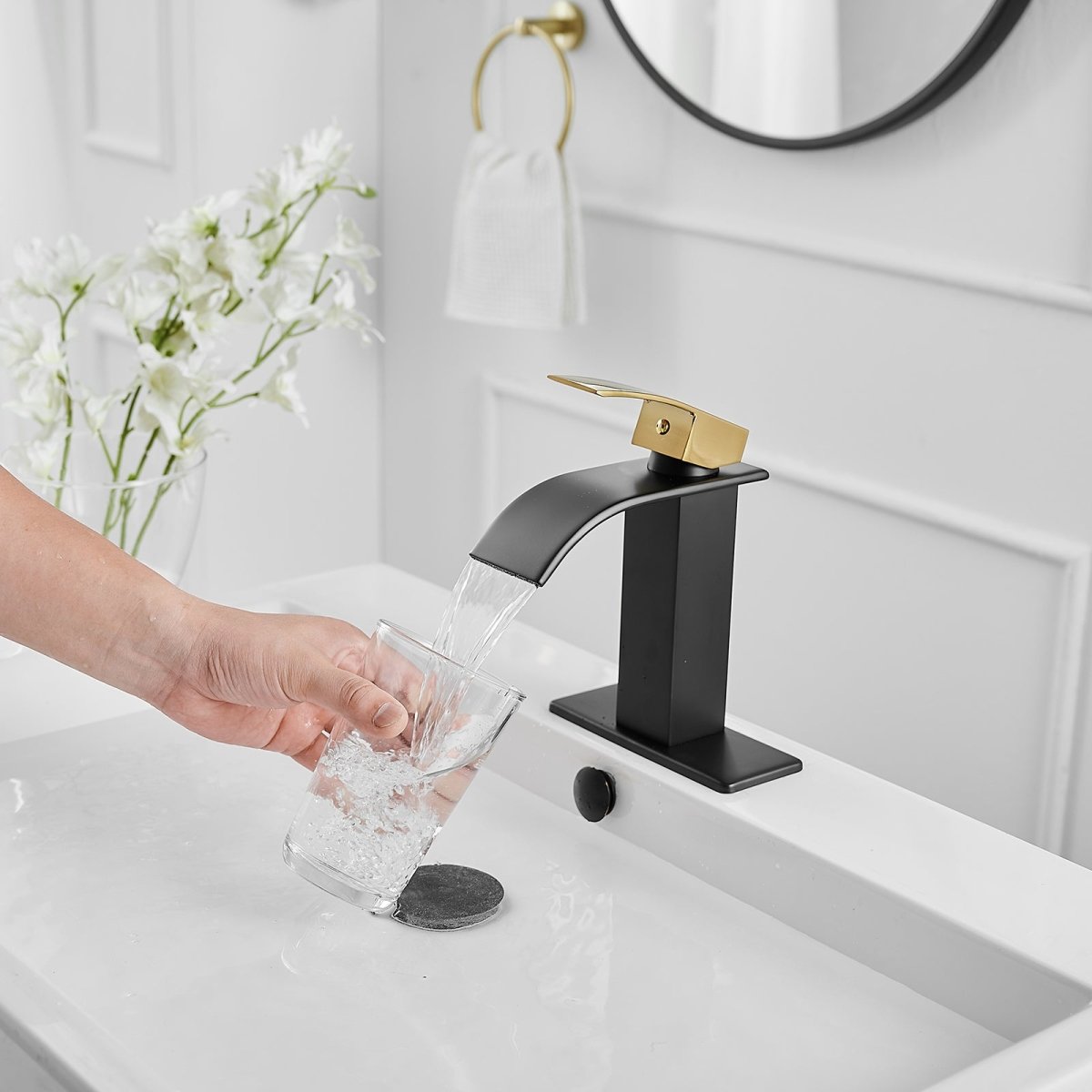 Waterfall Single Hole Bathroom Faucet Matte Black & Gold - buyfaucet.com