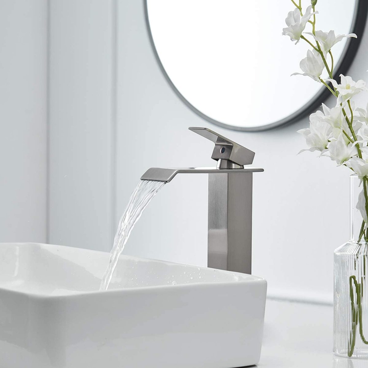 Waterfall Single Hole Bathroom Sink Faucet Brushed Nickel-1 - buyfaucet.com