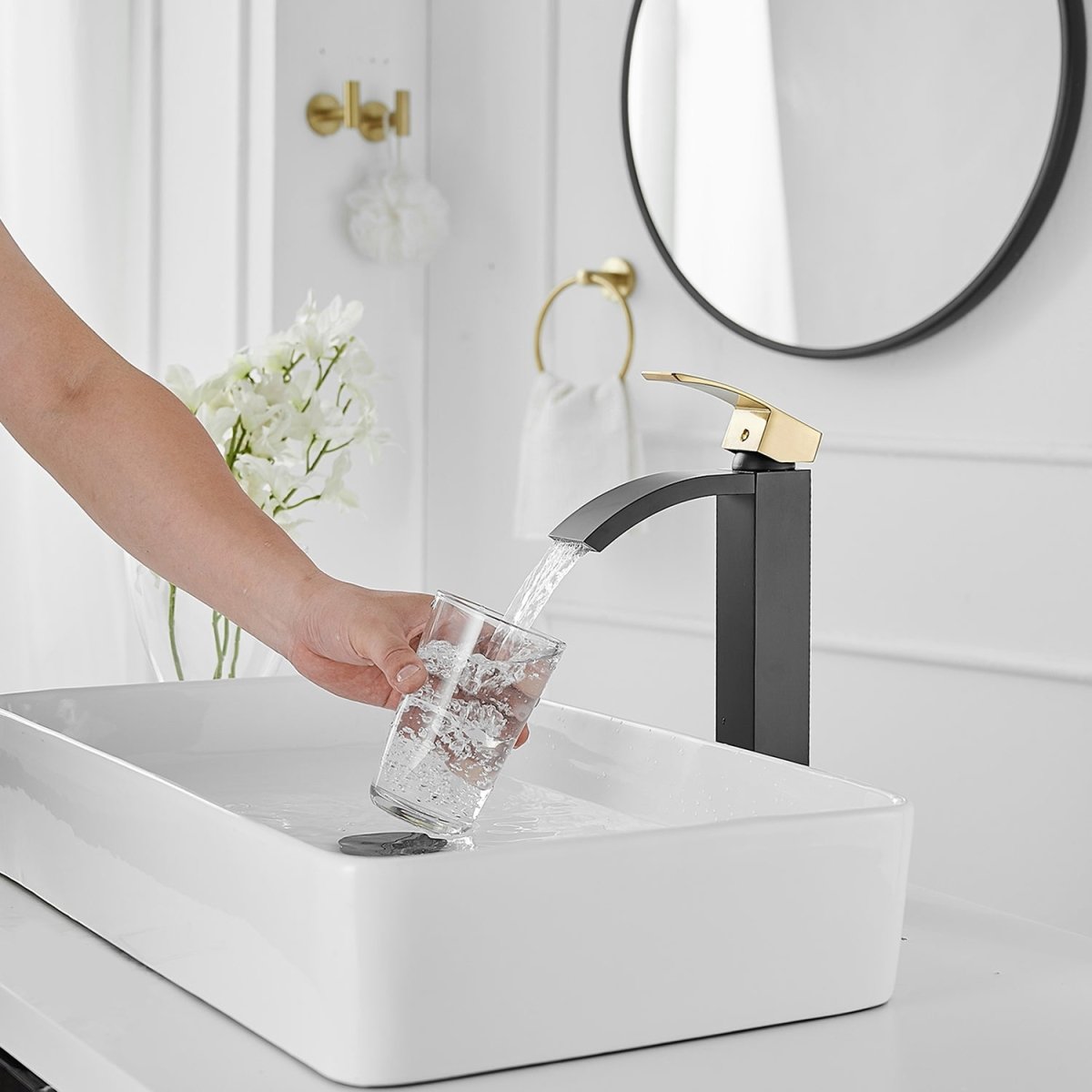 Waterfall Single Hole Bathroom Vessel Sink Faucet Black Gold - buyfaucet.com