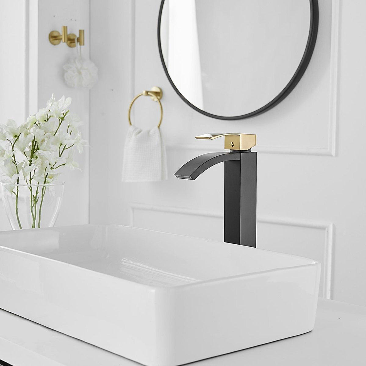Waterfall Single Hole Bathroom Vessel Sink Faucet Black Gold - buyfaucet.com