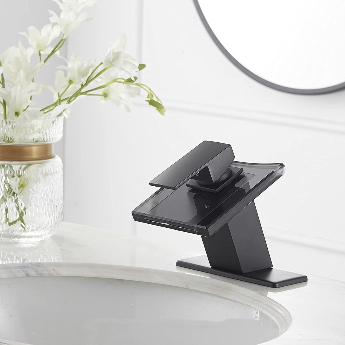 Waterfall Single Hole Glass Spout Bathroom Faucet Black - buyfaucet.com