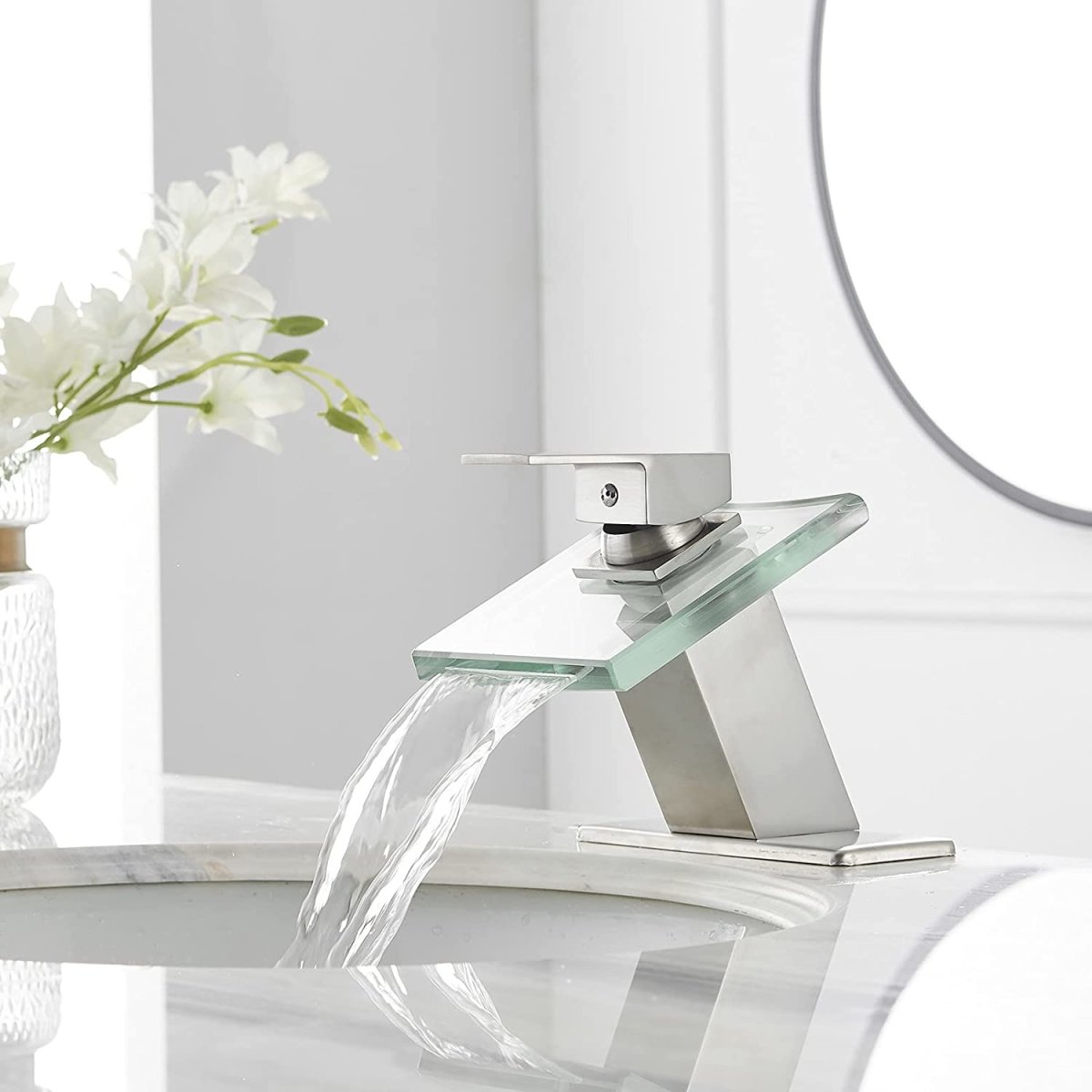 Waterfall Single Hole Glass Spout Bathroom Faucet Nickel - buyfaucet.com