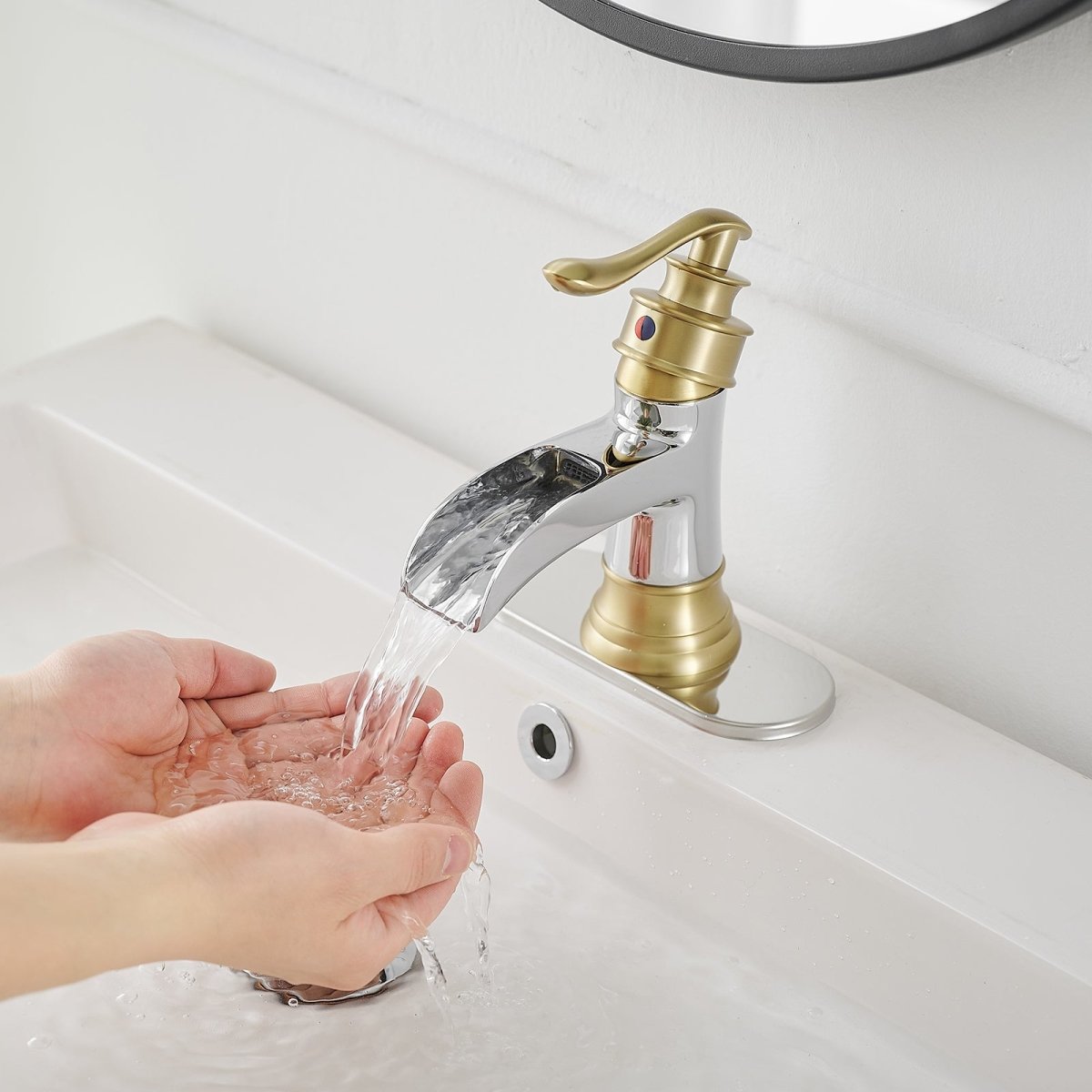 Waterfall Single Hole Low-Arc Bathroom Faucet in Chrome & Gold - buyfaucet.com