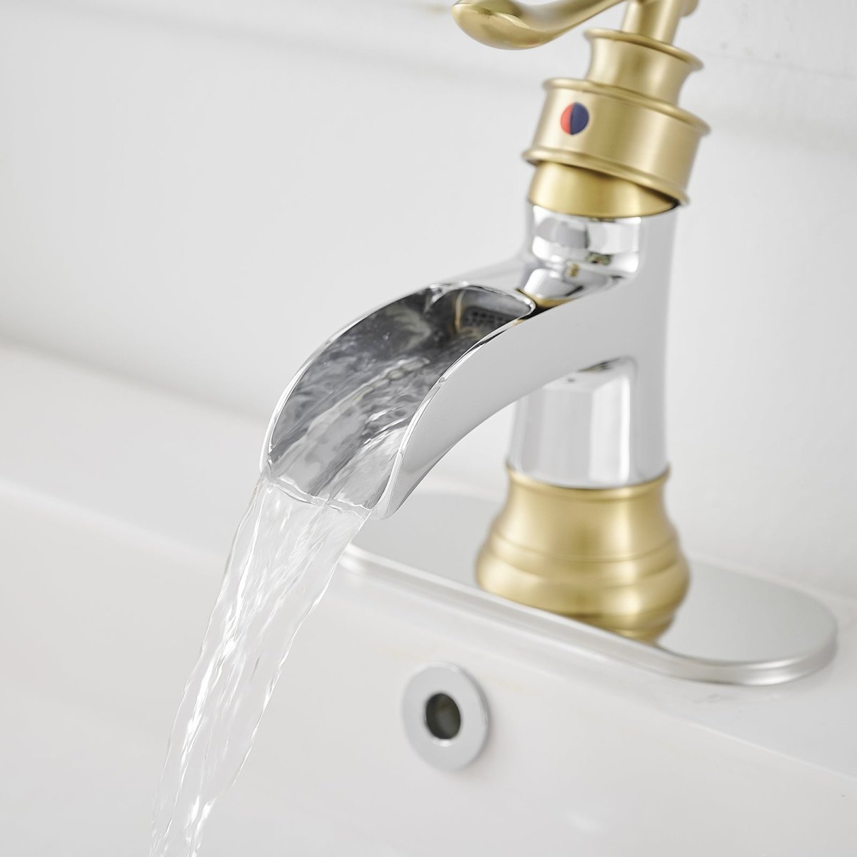 Waterfall Single Hole Low-Arc Bathroom Faucet in Chrome & Gold - buyfaucet.com