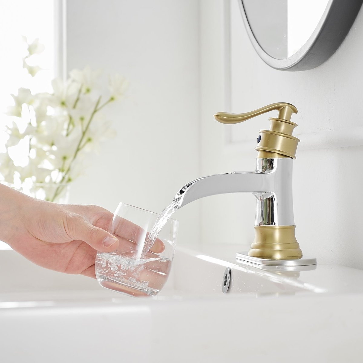 Waterfall Single Hole Low-Arc Bathroom Faucet in Chrome & Gold - buyfaucet.com
