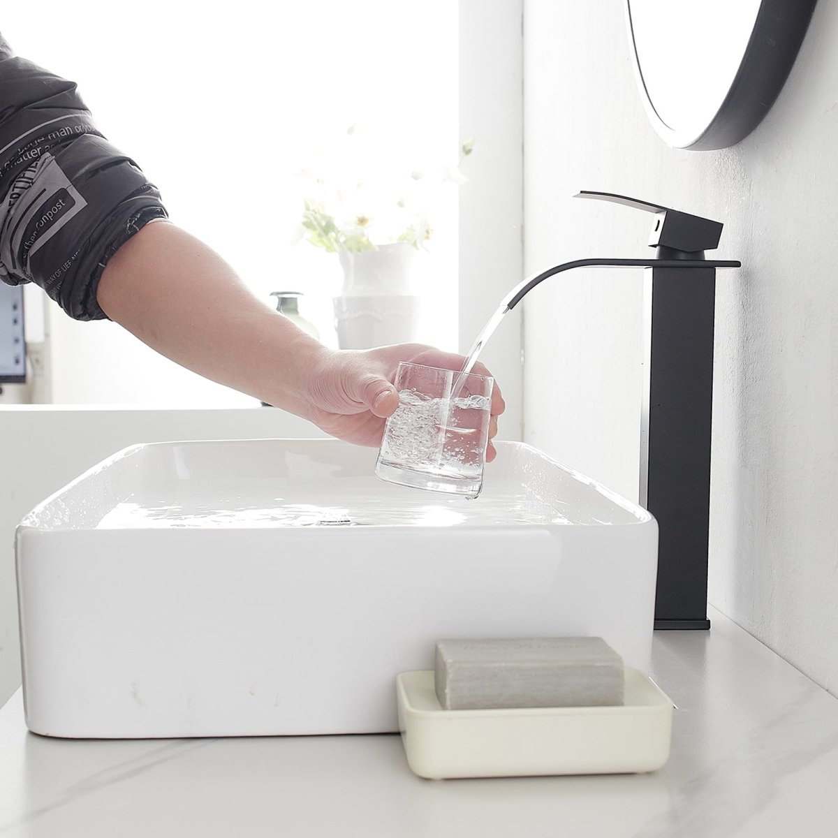 Waterfall Single Hole Tall Bathroom Sink Faucet Matte Black - buyfaucet.com
