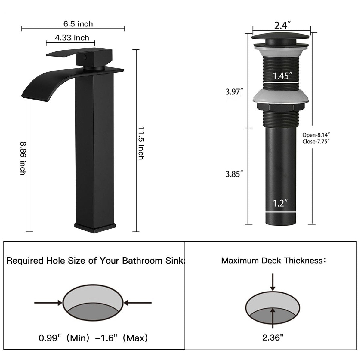 Waterfall Single Hole Tall Bathroom Sink Faucet Matte Black - buyfaucet.com
