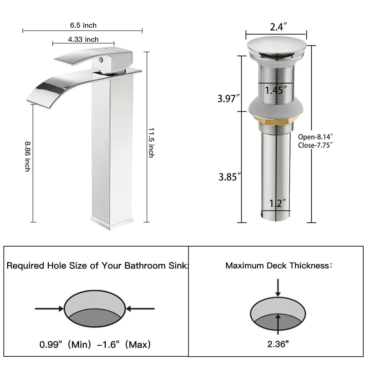 Waterfall Single Hole Tall Bathroom Sink Faucet Polished Chrome - buyfaucet.com