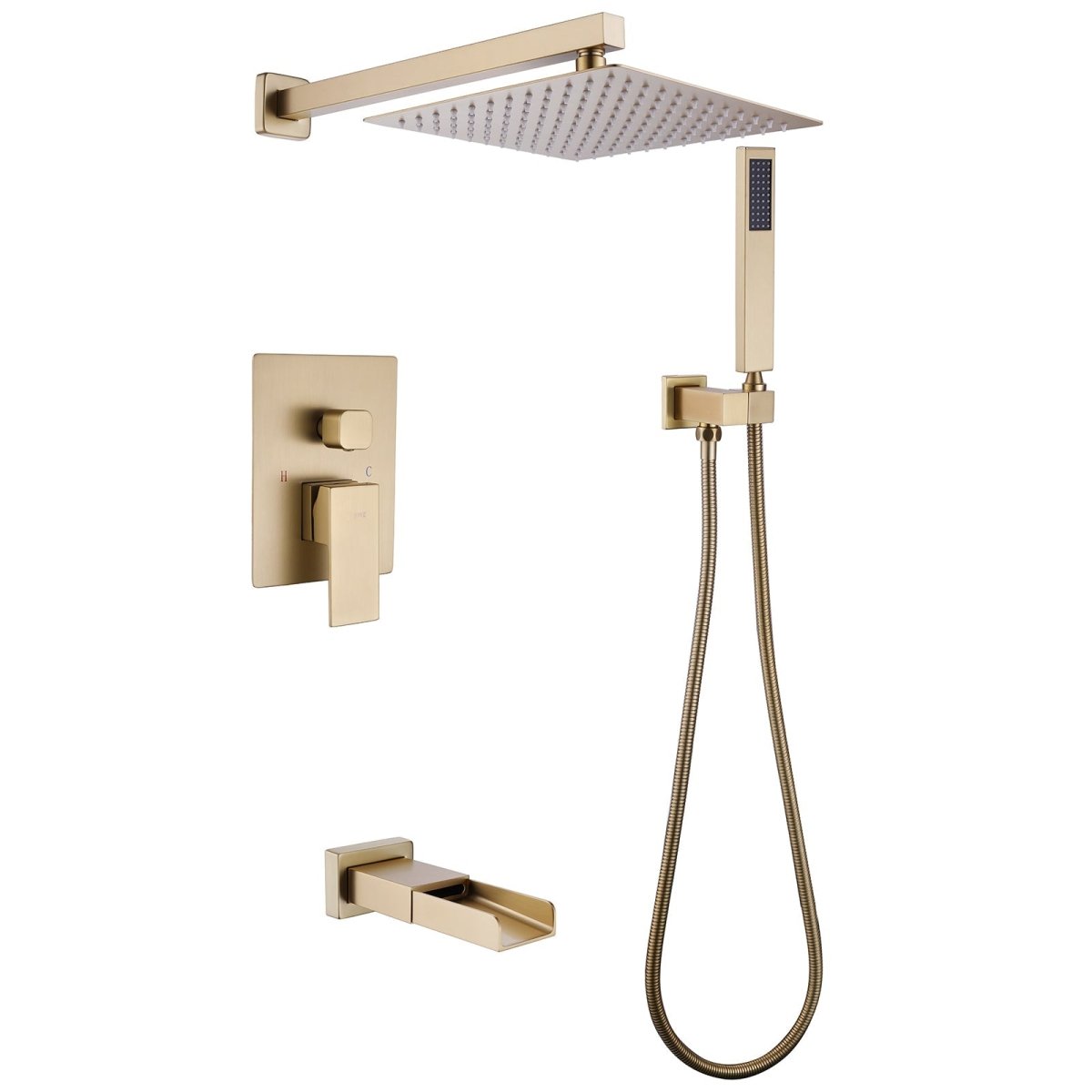 Waterfall Spout 3-Spray Tub and Shower Faucet Brushed Gold - buyfaucet.com