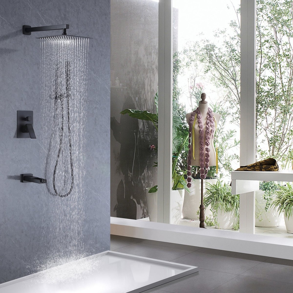 Waterfall Spout 3-Spray Tub and Shower Faucet Matte Black - buyfaucet.com