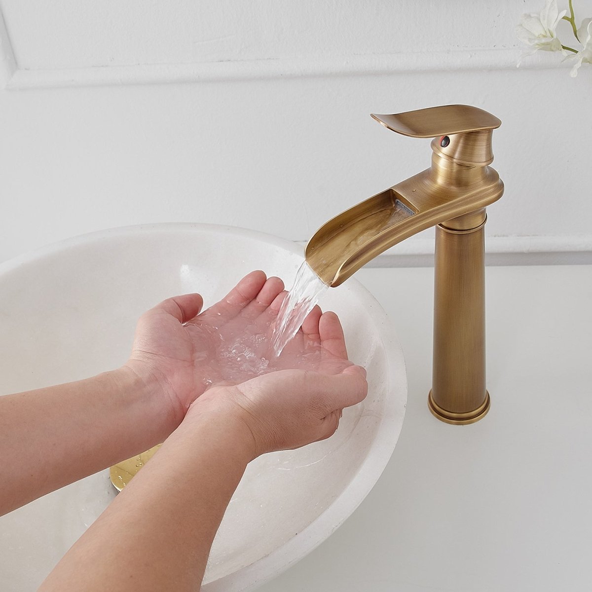 Waterfall Tall Spout Vessel Sink Bathroom Faucet Antique Brass - buyfaucet.com