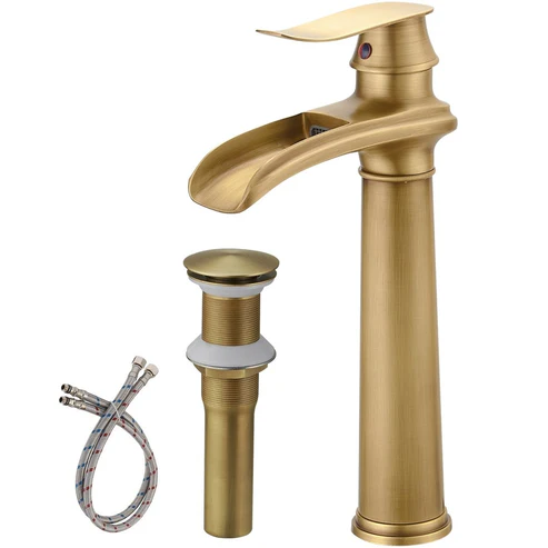 Waterfall Tall Spout Vessel Sink Bathroom Faucet Antique Brass - buyfaucet.com