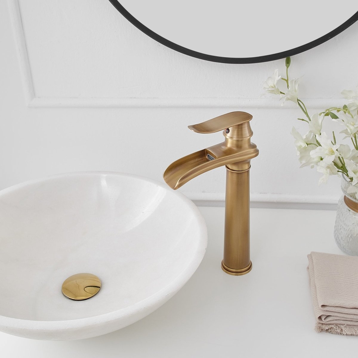Waterfall Tall Spout Vessel Sink Bathroom Faucet Antique Brass - buyfaucet.com
