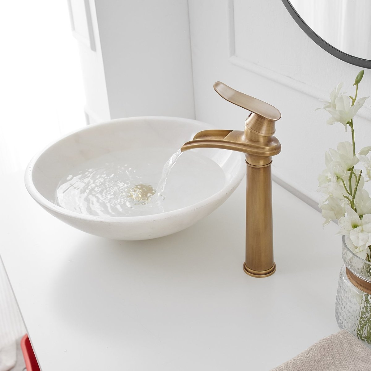 Waterfall Tall Spout Vessel Sink Bathroom Faucet Antique Brass - buyfaucet.com