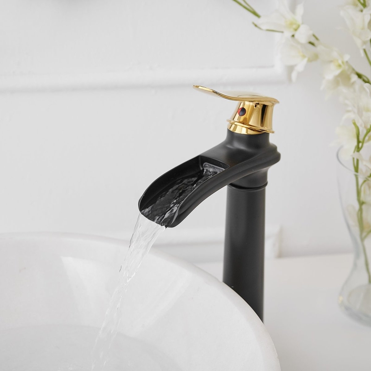 Waterfall Tall Spout Vessel Sink Bathroom Faucet Black & Gold - buyfaucet.com