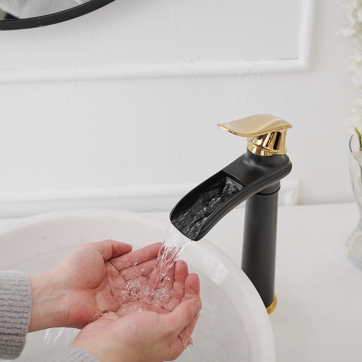 Waterfall Tall Spout Vessel Sink Bathroom Faucet Black & Gold - buyfaucet.com