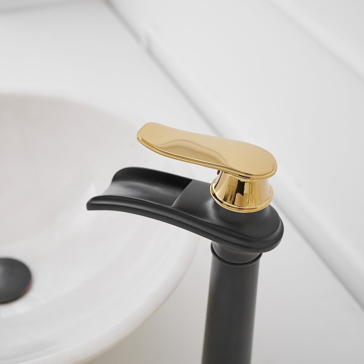 Waterfall Tall Spout Vessel Sink Bathroom Faucet Black & Gold - buyfaucet.com