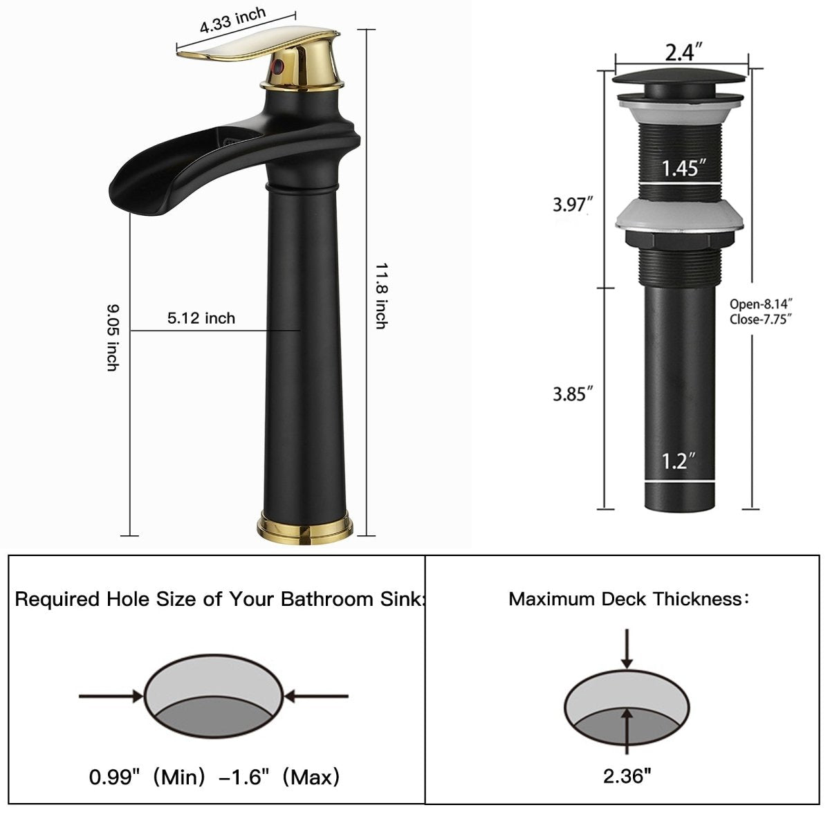 Waterfall Tall Spout Vessel Sink Bathroom Faucet Black & Gold - buyfaucet.com