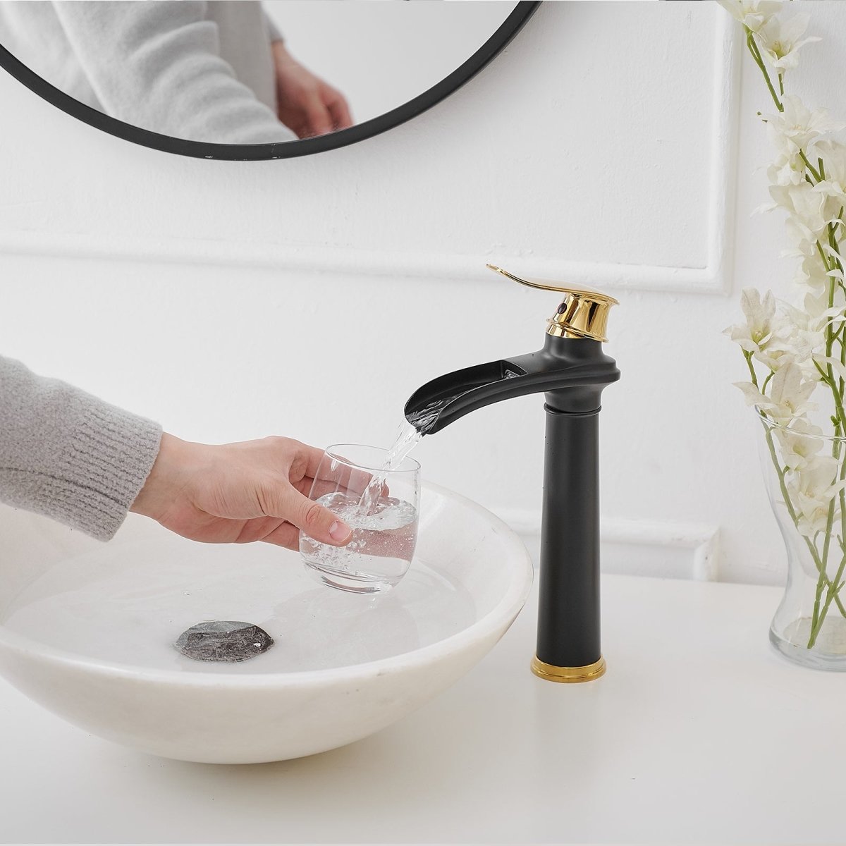 Waterfall Tall Spout Vessel Sink Bathroom Faucet Black & Gold - buyfaucet.com