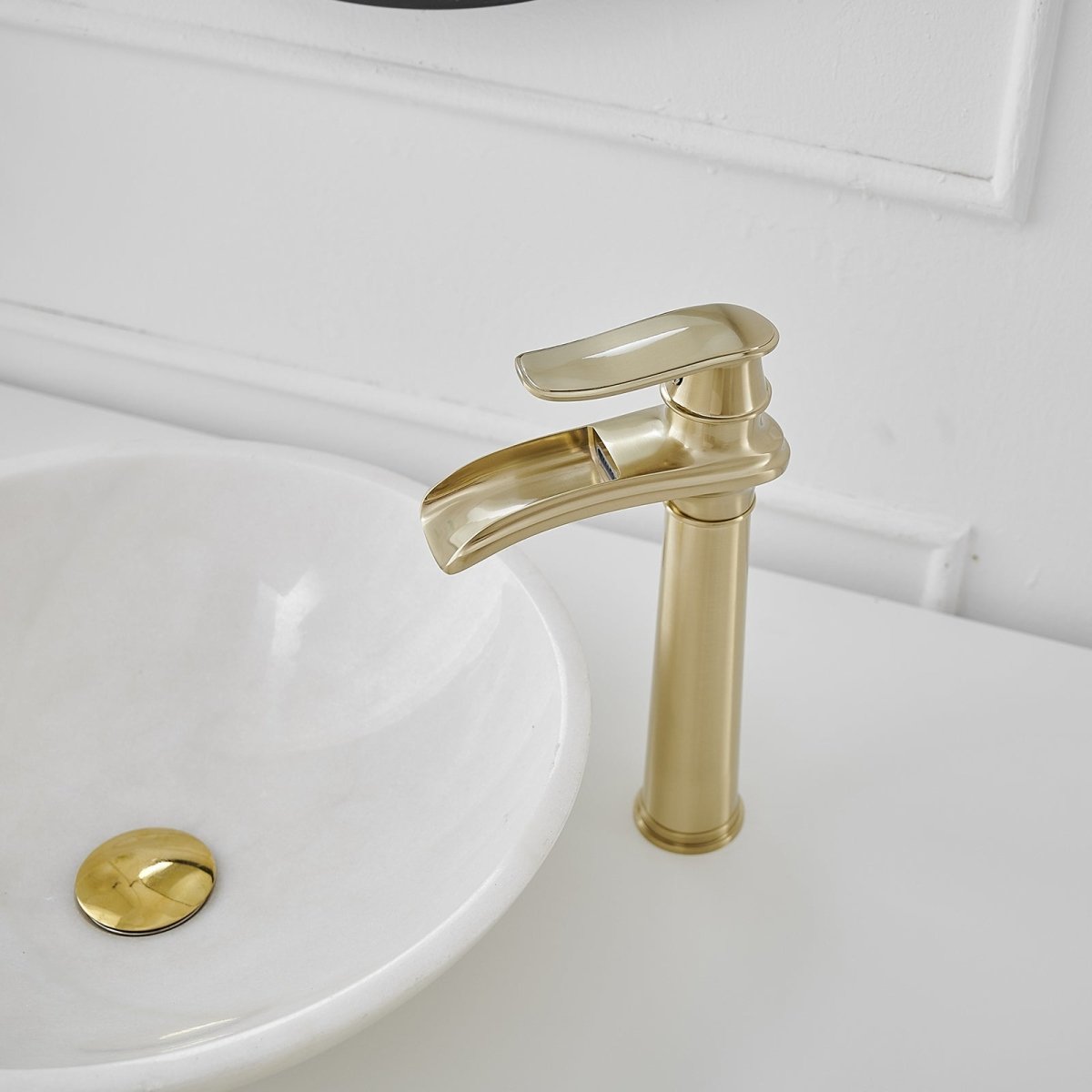 Waterfall Tall Spout Vessel Sink Bathroom Faucet Brushed Gold - buyfaucet.com