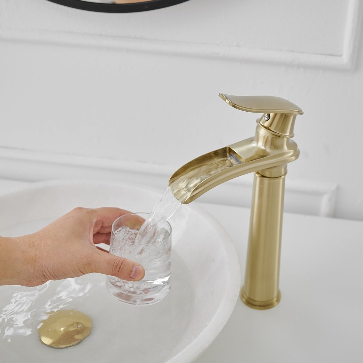 Waterfall Tall Spout Vessel Sink Bathroom Faucet Brushed Gold - buyfaucet.com
