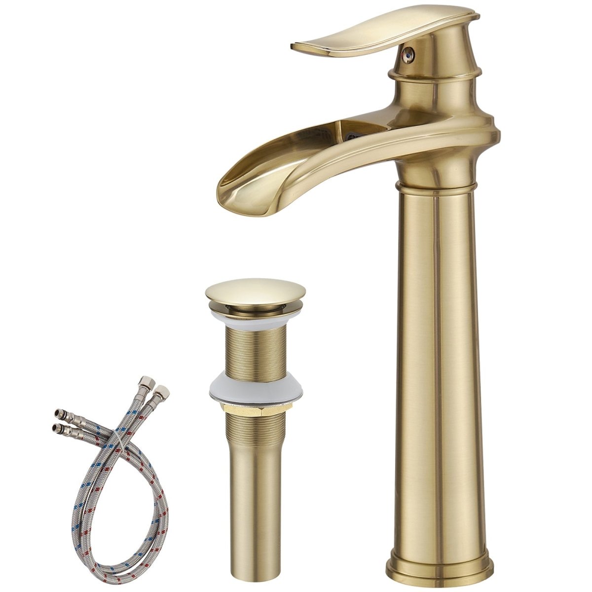 Waterfall Tall Spout Vessel Sink Bathroom Faucet Brushed Gold - buyfaucet.com