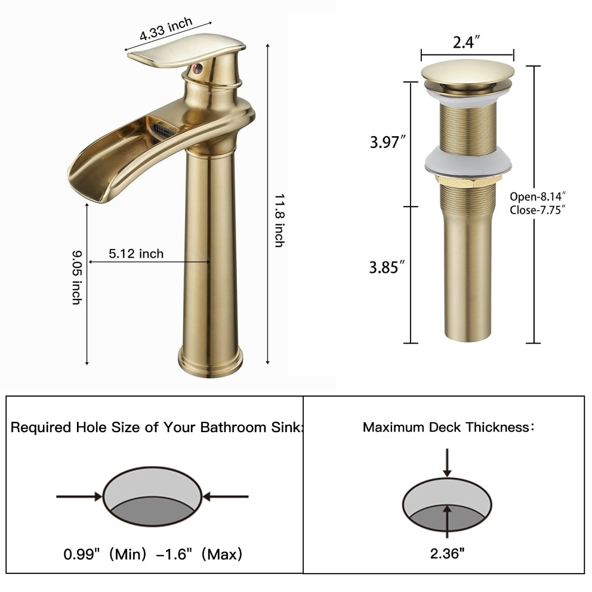 Waterfall Tall Spout Vessel Sink Bathroom Faucet Brushed Gold - buyfaucet.com