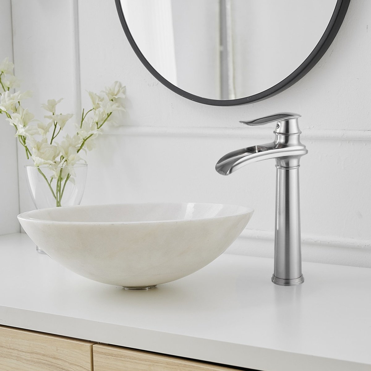 Waterfall Tall Spout Vessel Sink Bathroom Faucet Brushed Nickel - buyfaucet.com
