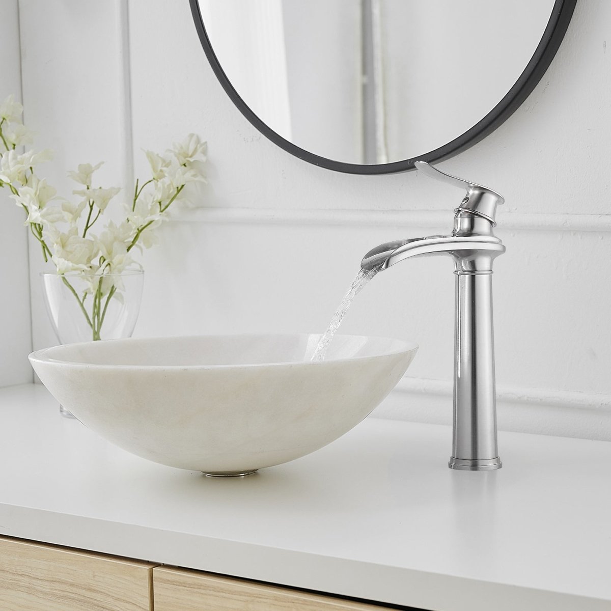 Waterfall Tall Spout Vessel Sink Bathroom Faucet Brushed Nickel - buyfaucet.com