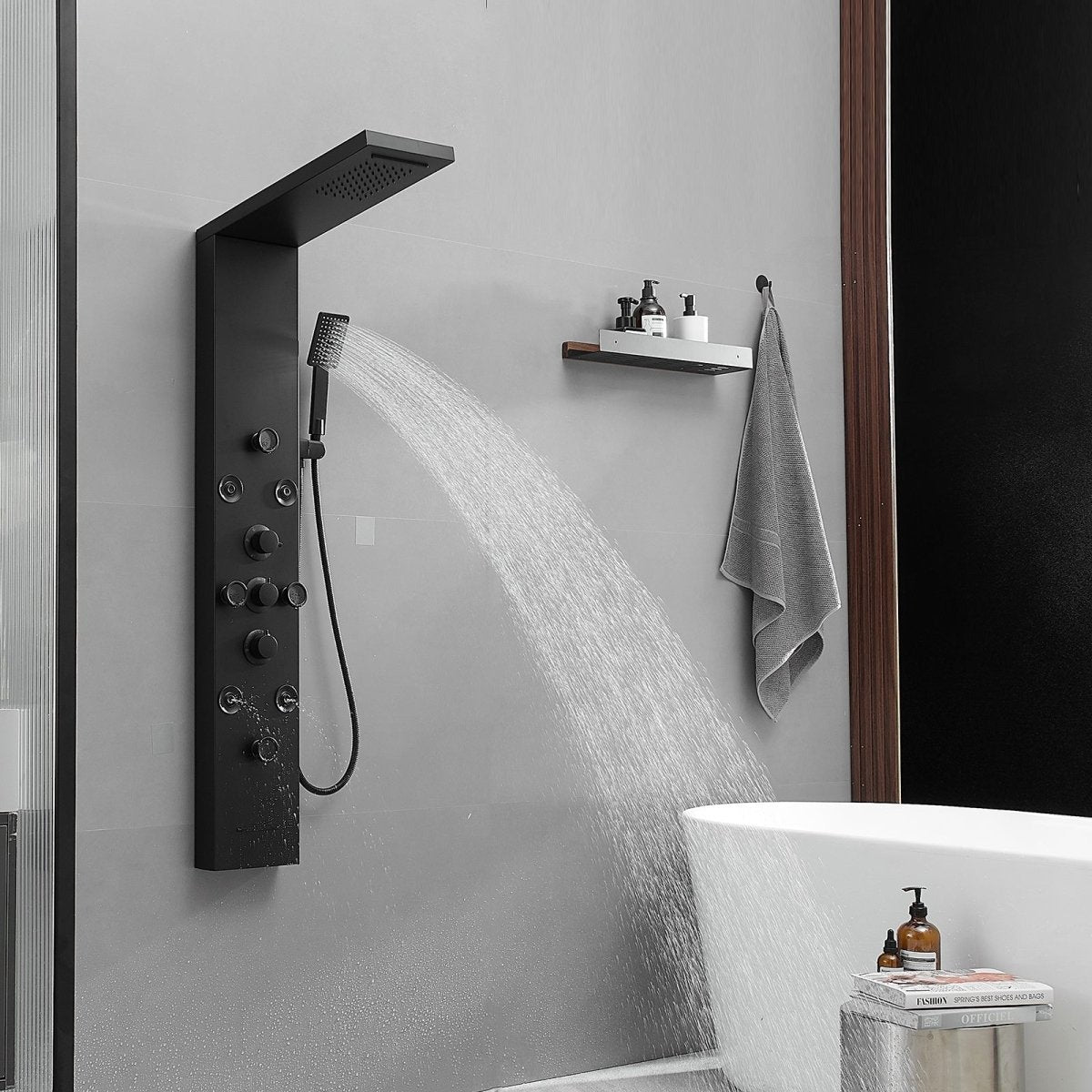 BWE Shower Panel System 8-Jet Rainfall Waterfall Black – Buyfaucet.com