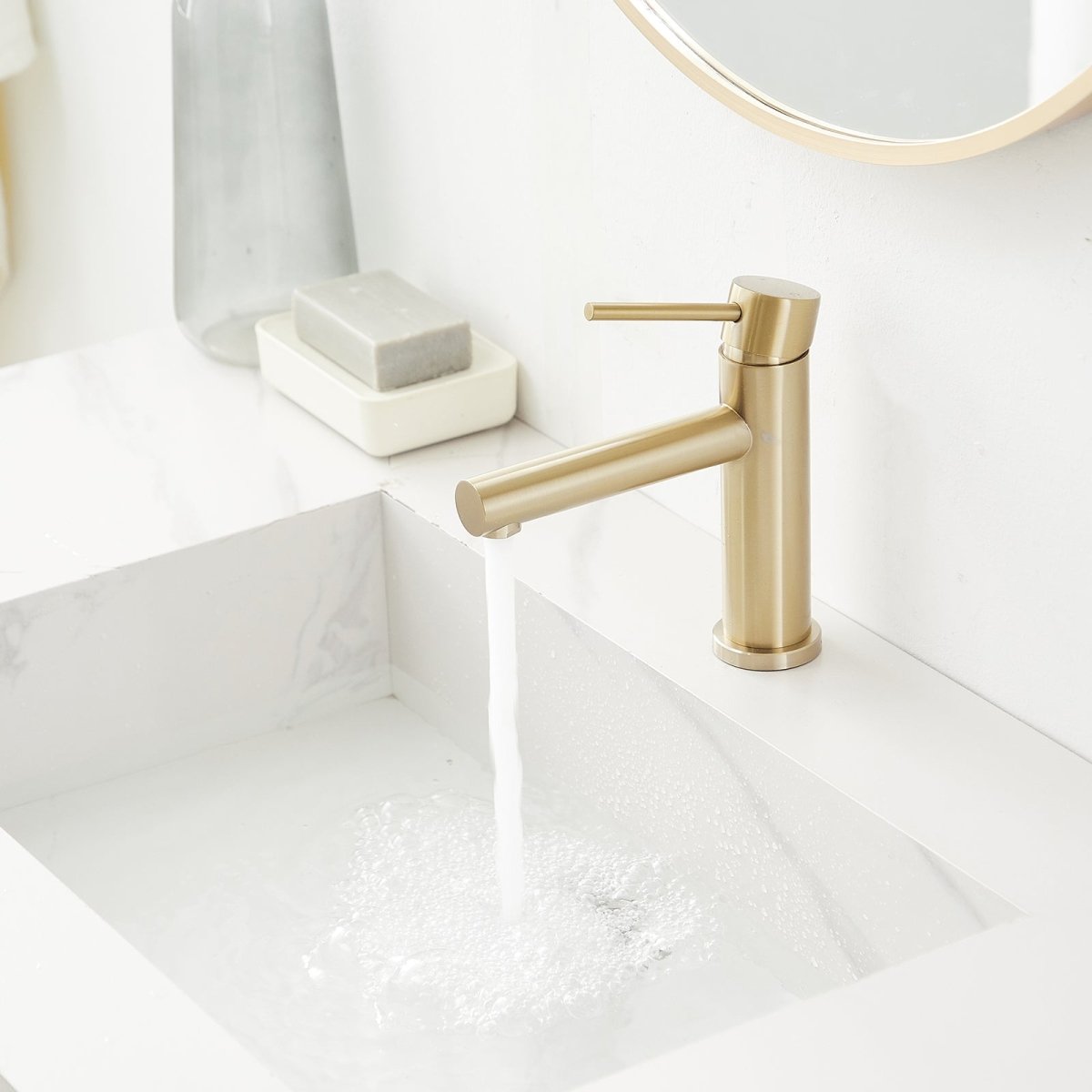 Single-Handle Low-Arc Drip-Free Vanity Bathroom Faucet Gold - buyfaucet.com