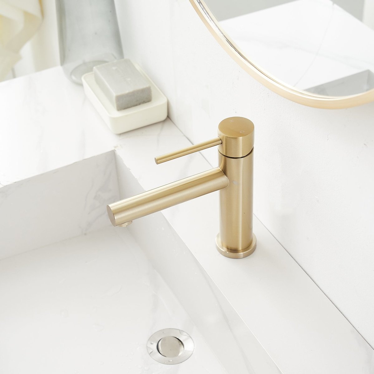 Single-Handle Low-Arc Drip-Free Vanity Bathroom Faucet Gold - buyfaucet.com