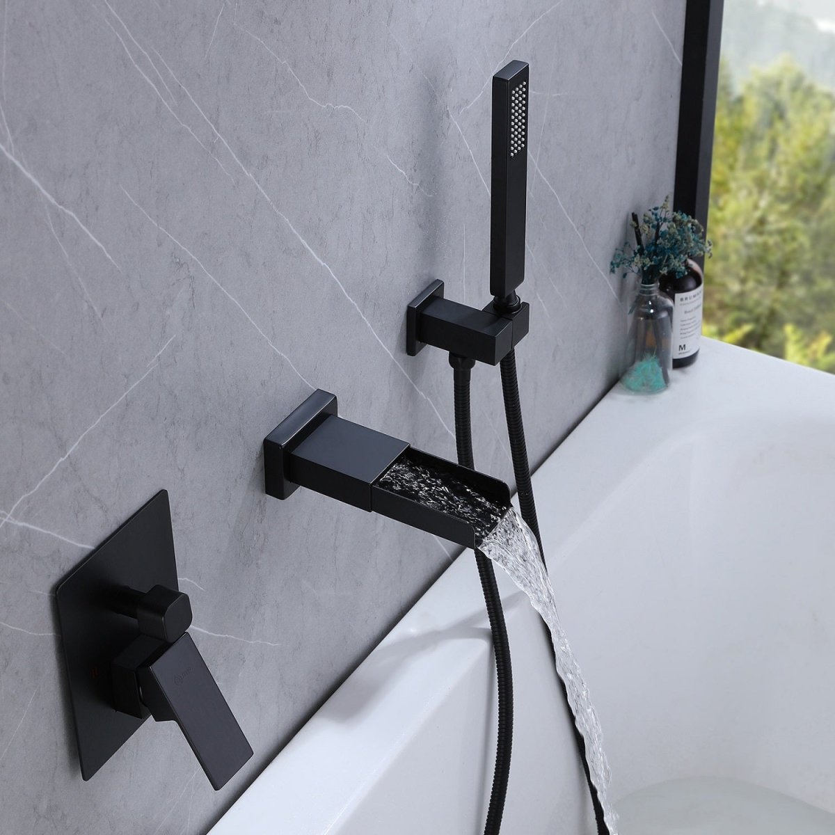 BWE Wall Mount Bathtub Shower Faucet Black Waterfall 2 Sprayer ...