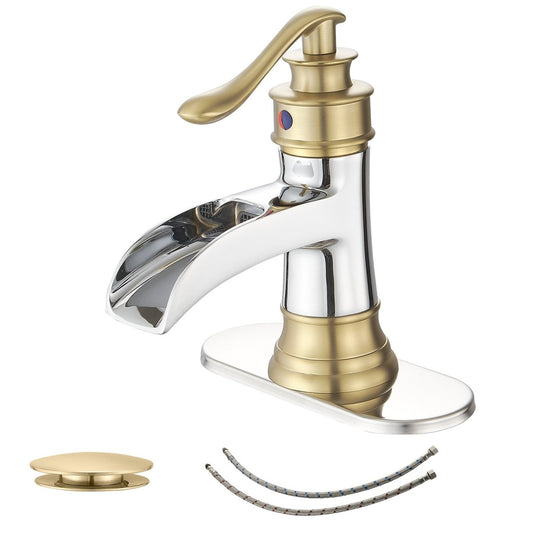 Waterfall Single Hole Low-Arc Bathroom Faucet in Chrome & Gold - buyfaucet.com